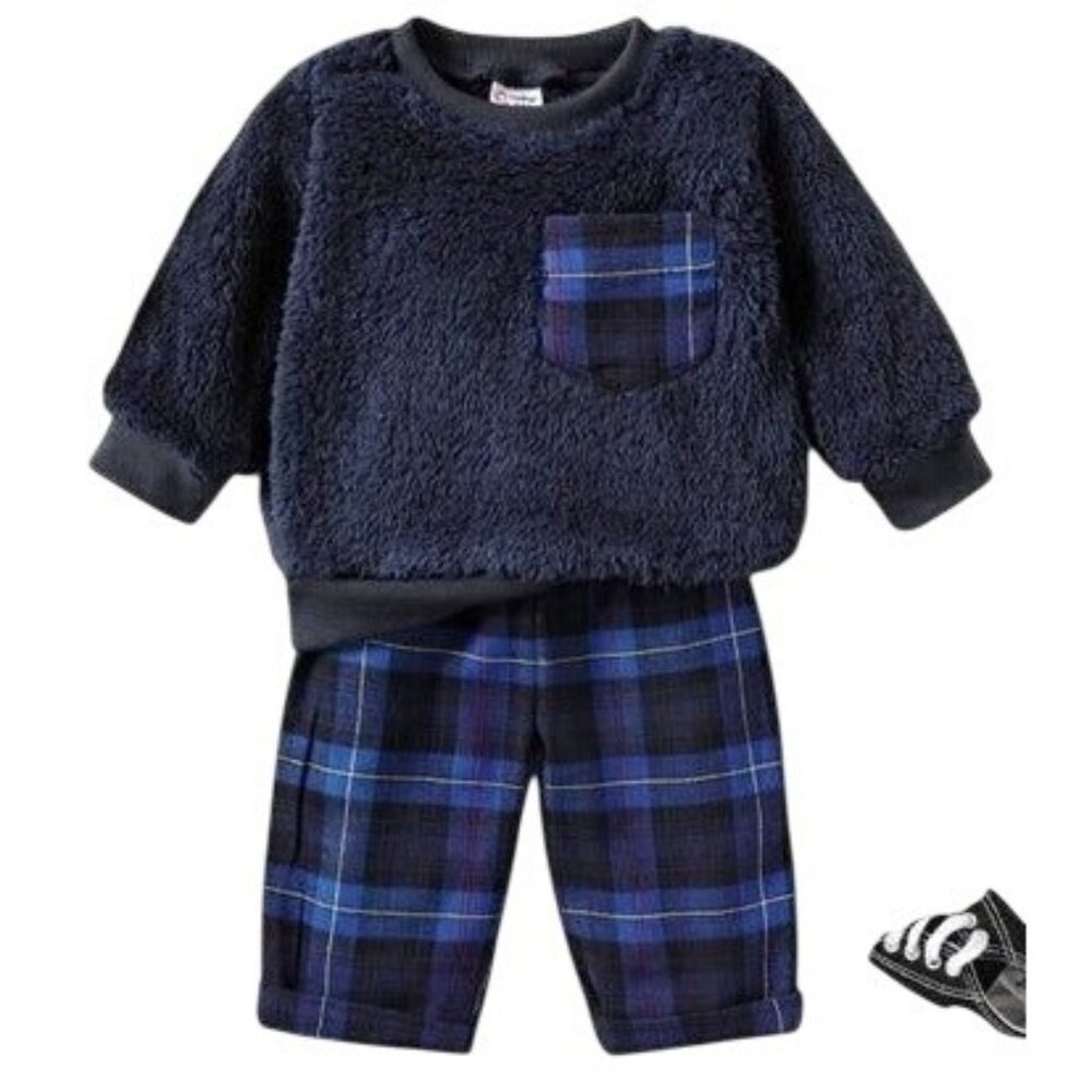 Winter Fleece 6-9 months Outfit Set With Plaid Pants & Pocket